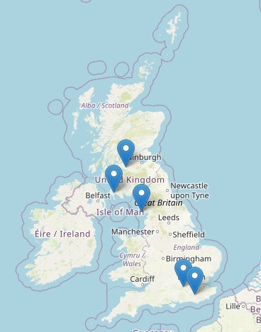 map of UK with pins